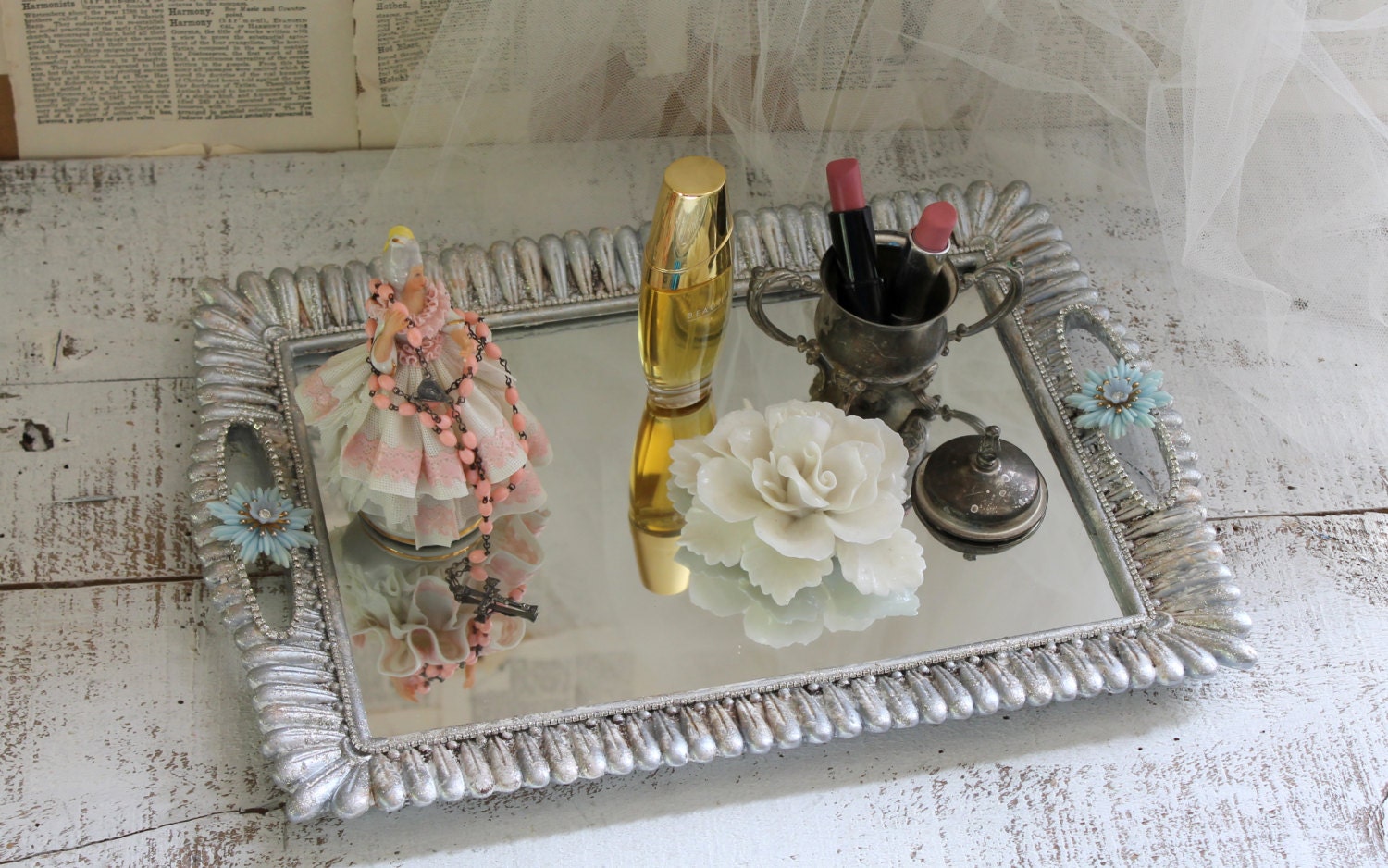SILVER Mirrored Vanity Tray Perfume Dresser by TheVintageStories