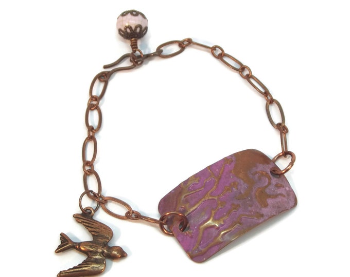 Adjustable Hand Painted and Embossed Copper Plated Charm Bracelet w/Bird Charm Lavender OOAK BCHARM1