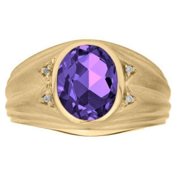 Oval Cut Amethyst Birthstone Diamond Men's Ring In Yellow
