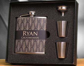 10 - Groomsmen Gift, Art Deco Wedding, Flask Gift Sets