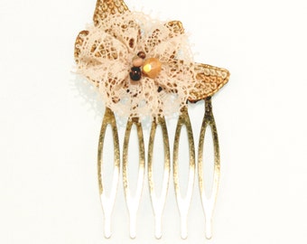 Peigne art déco - Fleur en broderie vintage bronze et dentelle rose