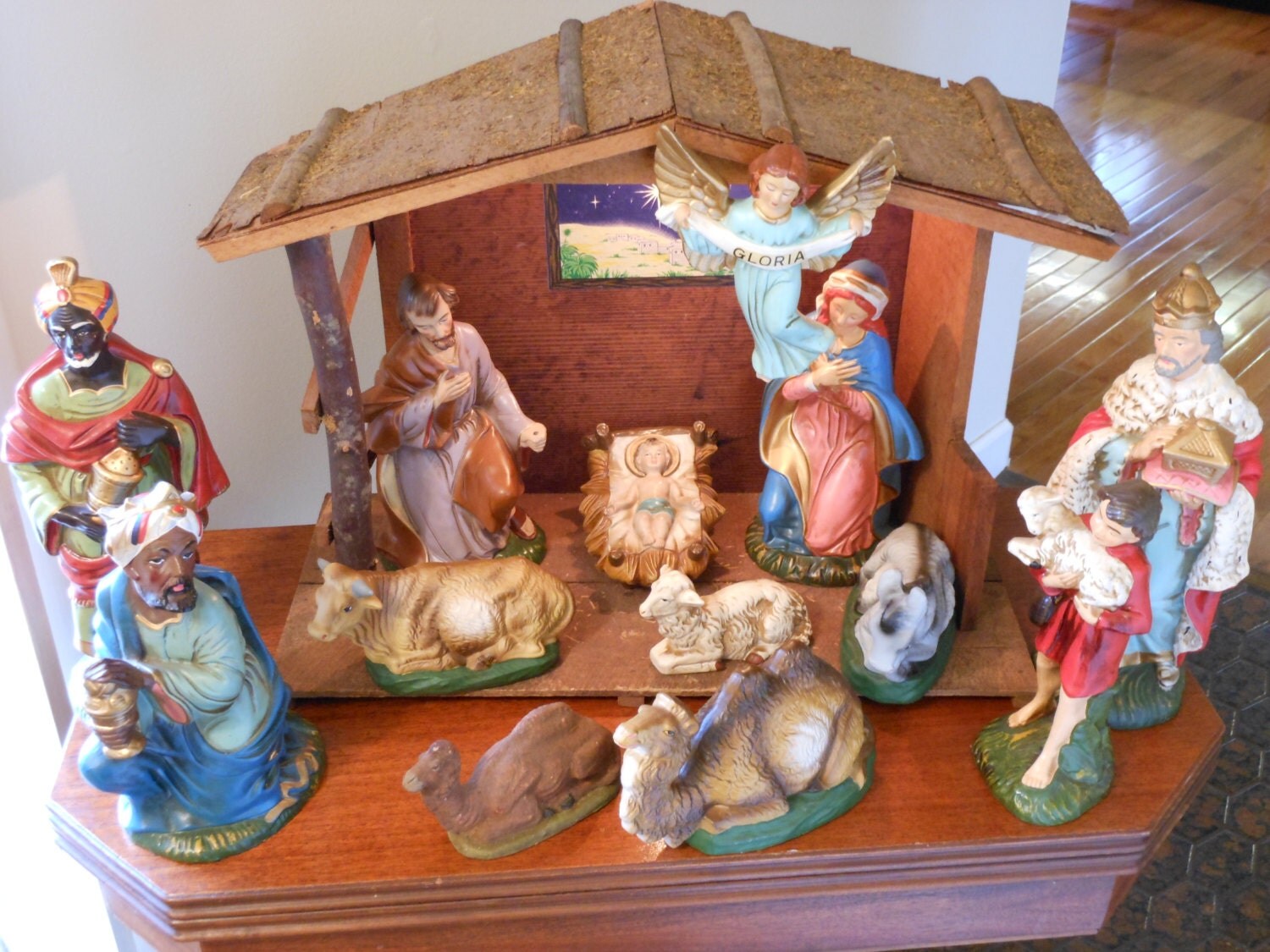 Complete Vintage Paper Mache Nativity Scene with Wooden