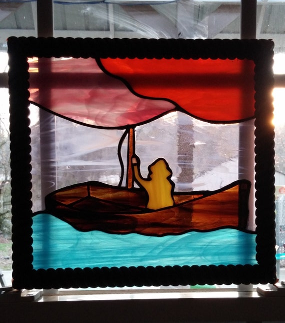 Fisherman in a boat Stained glass Panel Fisherman fishing on