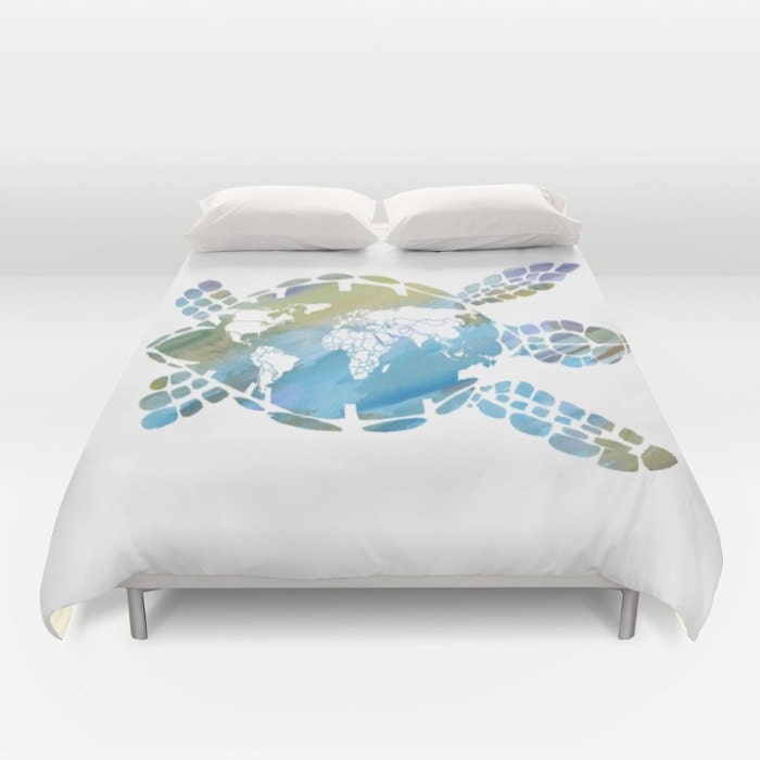 Map Duvet Cover Sea Turtle Duvet Cover Or Comforter Mother Earth Map Ecology Ocean Surf Aqua Blue Green Teen Bedroom Decor