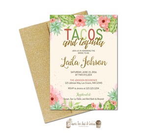 Tacos and Tequila Bridal Shower Invitation Southwestern Cactus Tex Mex Printable Digital File or Prints with Free Shipping Coral Gold Green