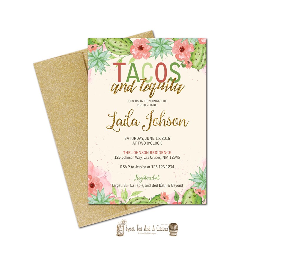 Tacos and Tequila Bridal Shower Invitation Southwestern Cactus