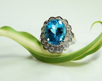 Blue Topaz Diamond Engagement Ring-White Gold Ring-Diana Style Engagement Ring- Natural Blue Topaz Ring-Anniversary ring-mothers day ring