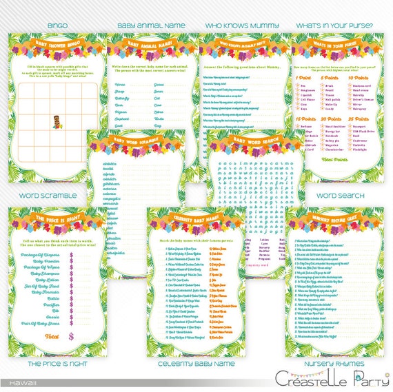 Hawaiian luau baby shower printable games package 2  INSTANT DOWNLOAD by Creastelle Party