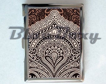 Vintage Brown Pattern Cigarette Case with Lighter, Cigarette Box, Card Holder