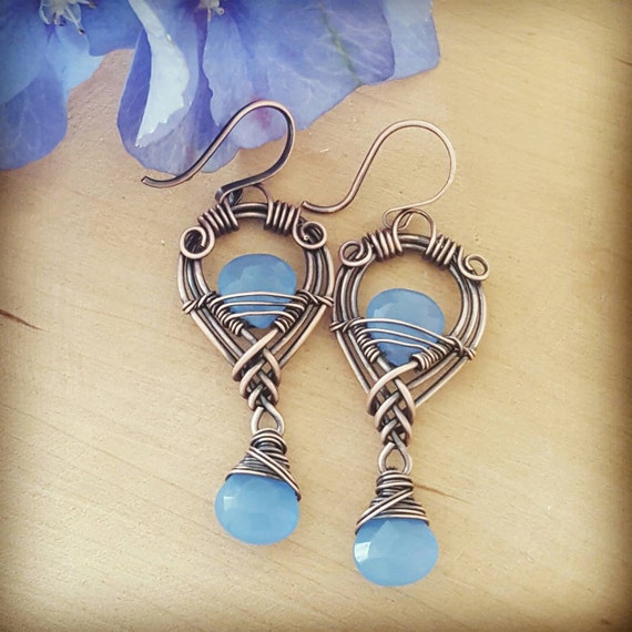 Woven blue chalcedony earrings handmade chalcedony briolette
