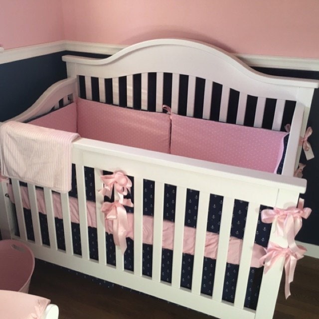 Nautical Baby Girl Crib Bedding SET pink navy anchors