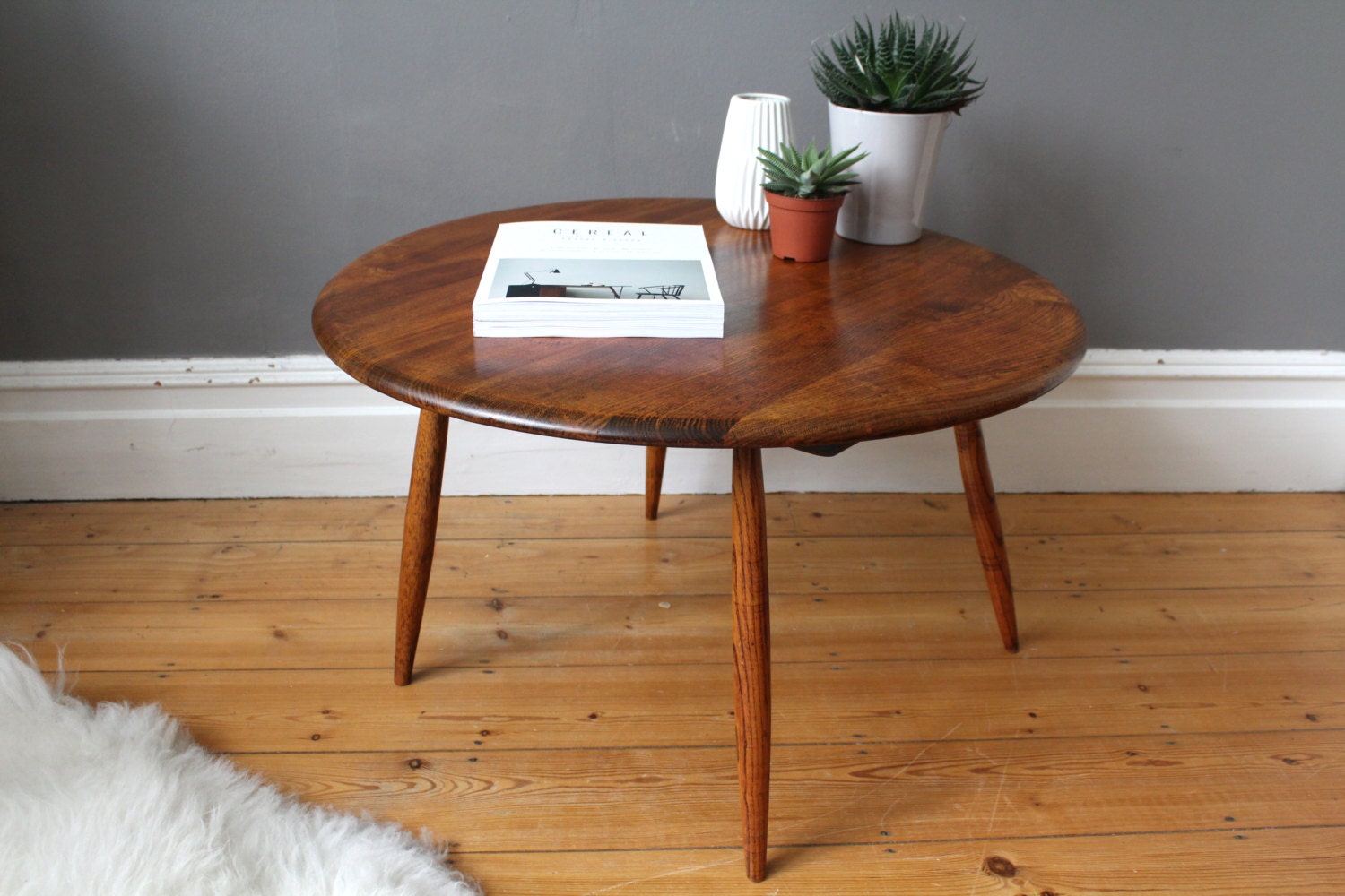 Vintage Ercol blue label round coffee table Haute Juice