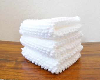 Knit White Cotton Dishcloths, Set of Three - Kitchen Linens - Housewarming Gift - Kitchen Dish Cloths - Knit Dish Rags