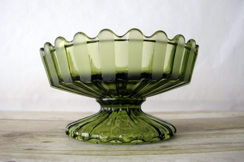 Gorgeous HFM by Fostoria Green Glass Pedestal Candy Dish
