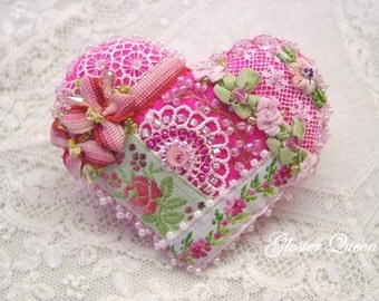 Pink Crazy quilt heart felt flower pink pin with pretty vintage rose ribbon