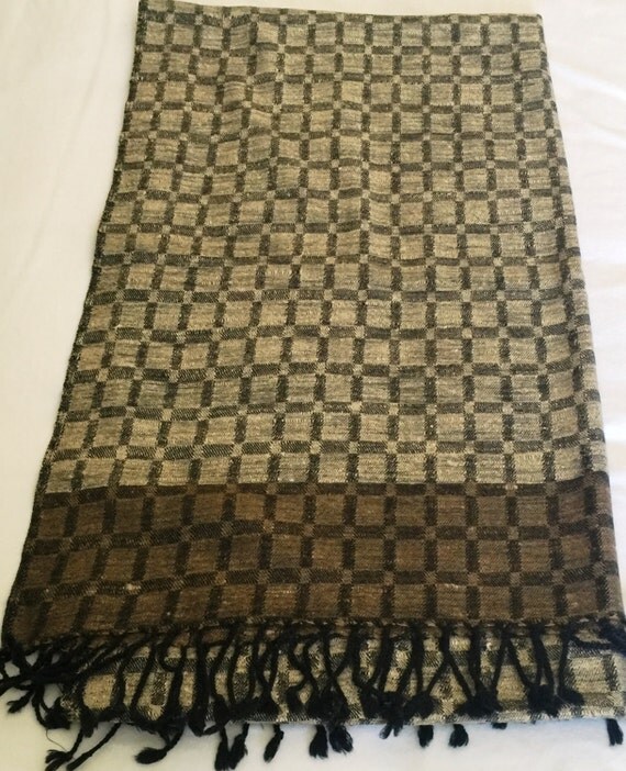 Reversible Very long All season wear Tussar Silk stole shawl wrap scarf double sided in cream light brown with checked body