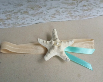 White Knobby Starfish Pearl & Ribbon Headband - Beach Wedding Hair Accessory - Flower girl flowergirl Mermaid pictures head band