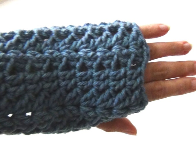 Crocheted Cadet Blue Fingerless Gloves, Hand Warmers, Driving Gloves, Shell Stitch Texting Gloves, Gray Blue Fingerless Mittens