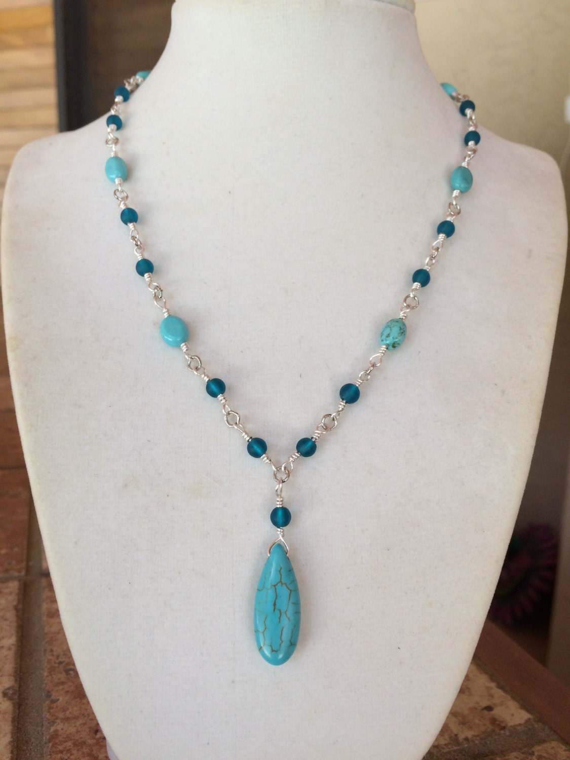 Dyed Turquoise Howlite Pendent With Teal Seaglass Accent