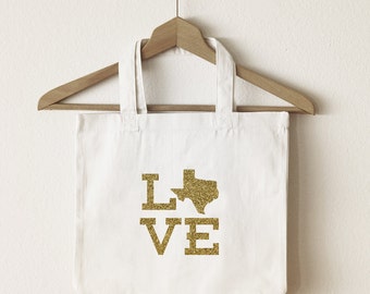 Love Texas tote bag/custom tote/market bag/canvas shopping bag/ state tote/ market tote/ reuseable bag/ Texas state bag/ gold glitter