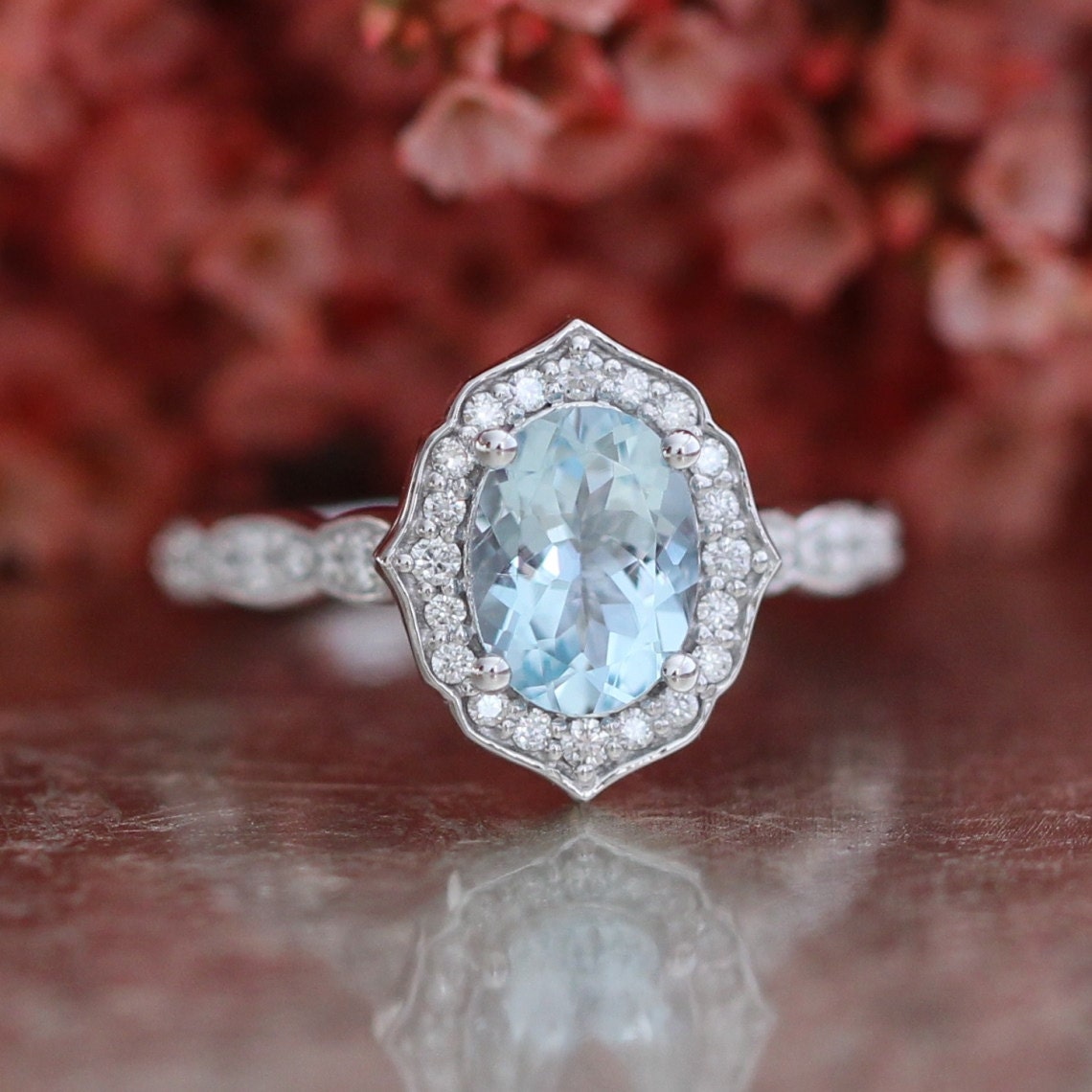 Vintage Floral Oval Aquamarine Engagement Ring in 14k White