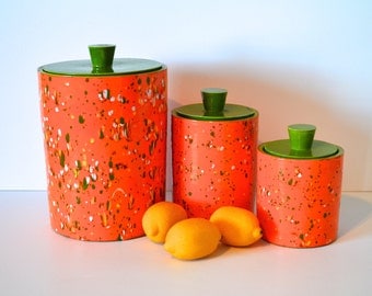 Vintage Orange and Green Ceramic Splatterware Canister Set