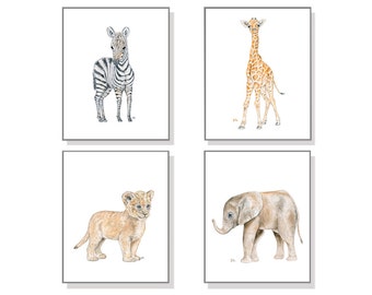 Safari Nursery Decor Safari Nursery Wall Art Safari Nursery Art Prints Baby Art Children Art Watercolor Elephant Giraffe Zebra Lion Set of 4
