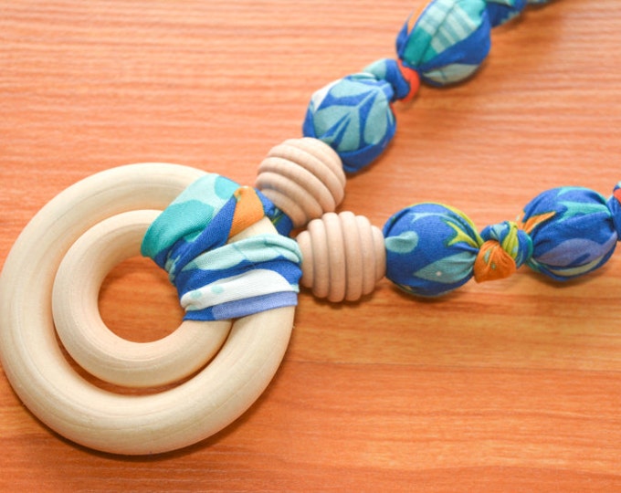 ORGANIC Breastfeeding Nursing Necklace, Teething Necklace, Babywearing Necklace, Fabric Necklace, - Double Ring - Under the Sea