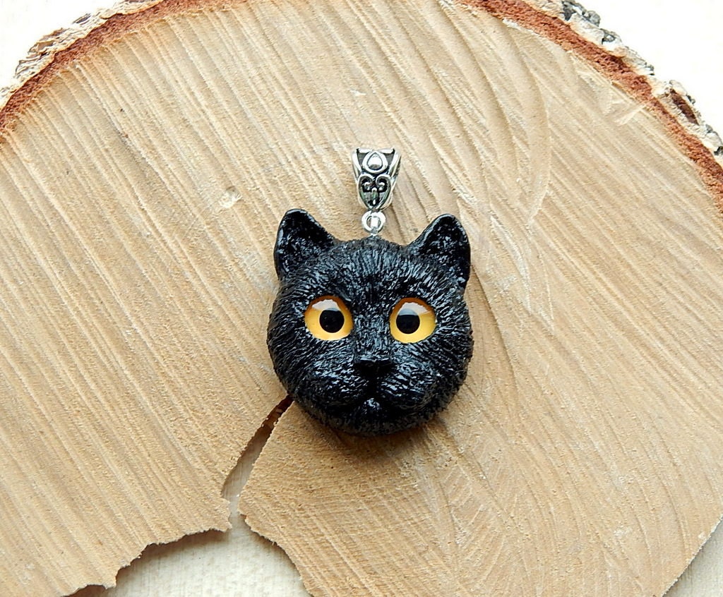 Black cat head pendant cat charm necklace cat by ViaLatteaArt