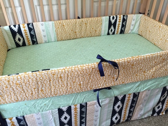 Mint And Gold Aztec Crib Bedding navy and by