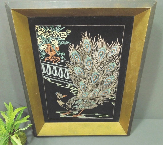 Vintage Wall art peacock Print Framed Peacock on velvet