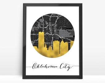 Oklahoma City Skyline, Faux Gold Foil Art,Black and White Map,Oklahoma City map,Modern Home Decor,NO,724