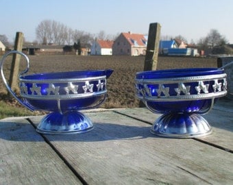 Retro cobalt Blue Glass Silver Metal Sugar Bowl and Milk jar Creamer vintage
