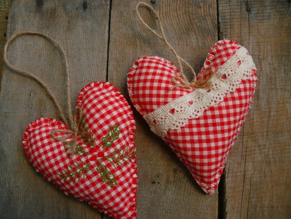 Primitive decor cottage red heart fabric heart french