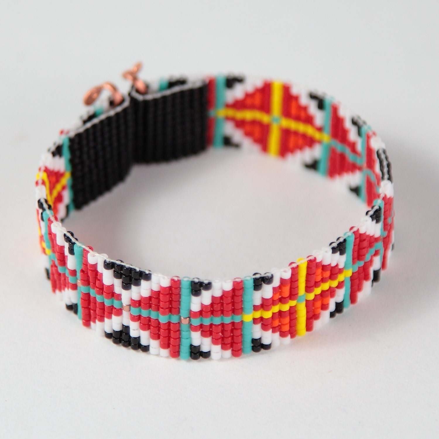 Mexican Ruffled Diamonds Red Bead Loom Bracelet Bohemian Boho