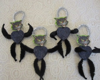 Vintage Black Cat Halloween Bump Chenille Ornaments