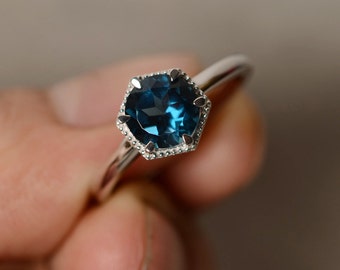 Solitaire Ring London Blue Topaz Ring Sterling Silver