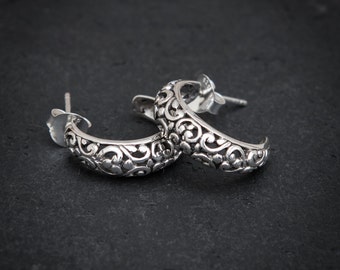 Silver Hoops, Filigree Earrings, Intricate Earrings, Silver Hoop Earrings, Bali Hoops, Sterling Silver
