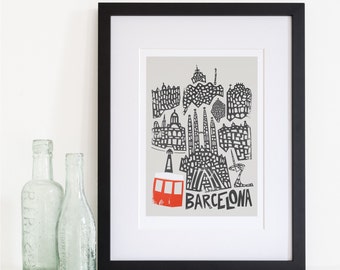 Barcelona Cityscape Print, Mid Century Modern Style, Architecture Art, Poster City Print, Iconic Buildings, Living Room Wall Art, Home City