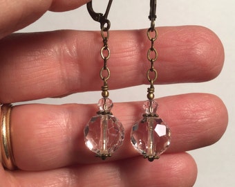 Crystal Drop Earrings, Antique brass Crystal earrings, Steampunk Earrings, Vintage Victorian Bridal earrings, Clear Crystal Feminine CER-129