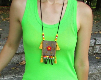 Original handmade bag necklace with flowers, pendants and tassels, Amulet bag necklace, Gem stones bag necklace, Medicine bag necklace