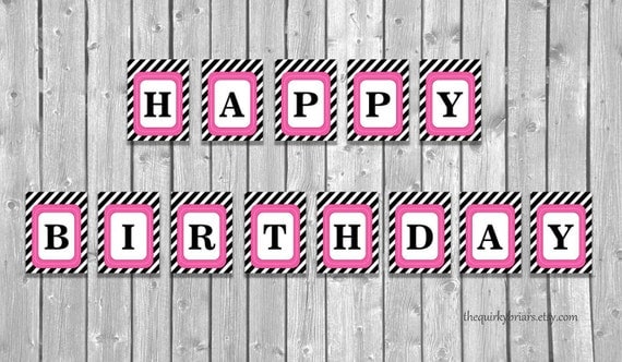 hot pink and black striped bunting happy birthday banner