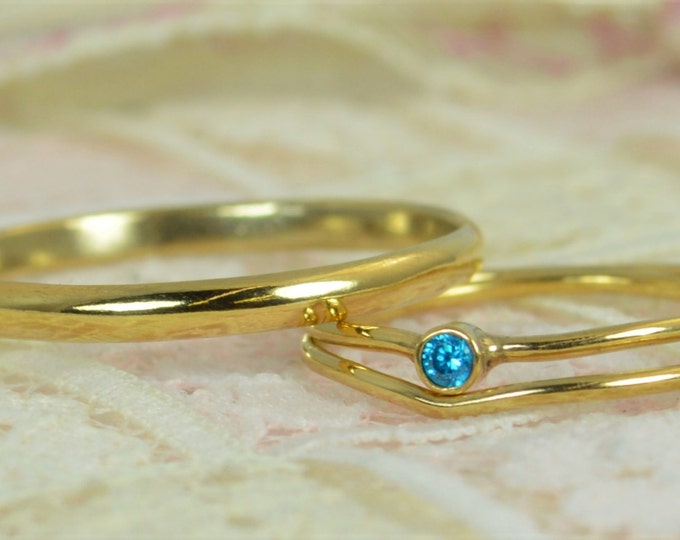 Tiny Blue Topaz Ring Set, Solid 14k Gold Wedding Set, Stacking Ring, Solid 14k Gold Ring, December Birthstone, Bridal Set, Blue Topaz Ring