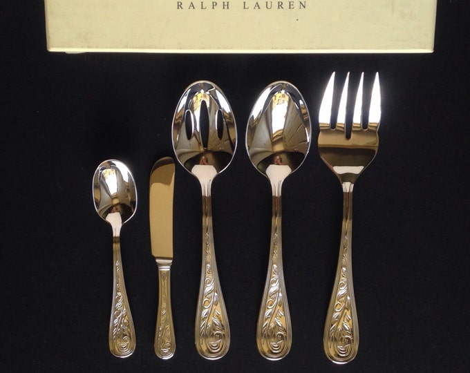 Storewide 25% Off SALE Ralph Lauren Stainless Steel 5pc Hostess Romance Style Flatware Serving Set Featuring Original Box & Sleeves