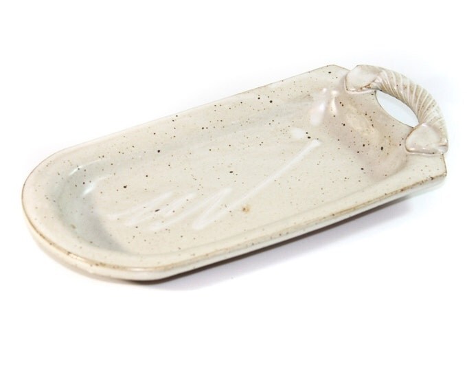 Storewide 25% Off SALE Vintage Permentier Artisan Ceramic Stoneware Cream Colored Serving Tray Featuring Single Braided Rope Style Handle