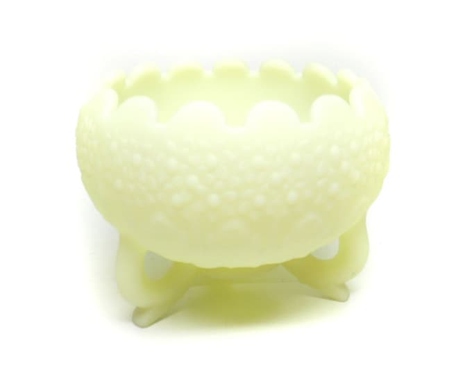 Storewide 25% Off SALE Vintage Fenton Yellow Custard Art Glass Footed Bowl Featuring Raised Textured Bubble Design