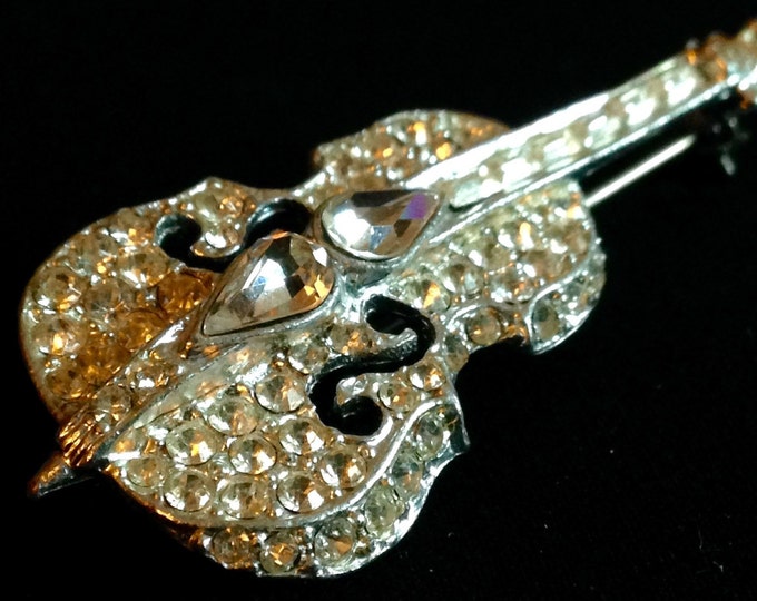 Storewide 25% Off SALE Large Vintage Silver Tone Rhinestone Encrusted Designer Music Violin Brooch Pin Featuring Elegantly Detailed Design