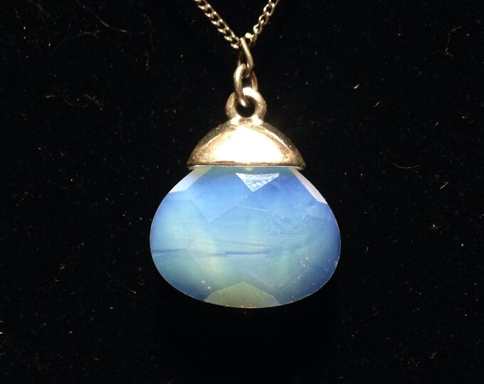 Storewide 25% Off SALE Vintage Sterling Silver Necklace Featuring Iridescent Faceted Blue Moonstone Style Pendant With Modern Eclectic Desig