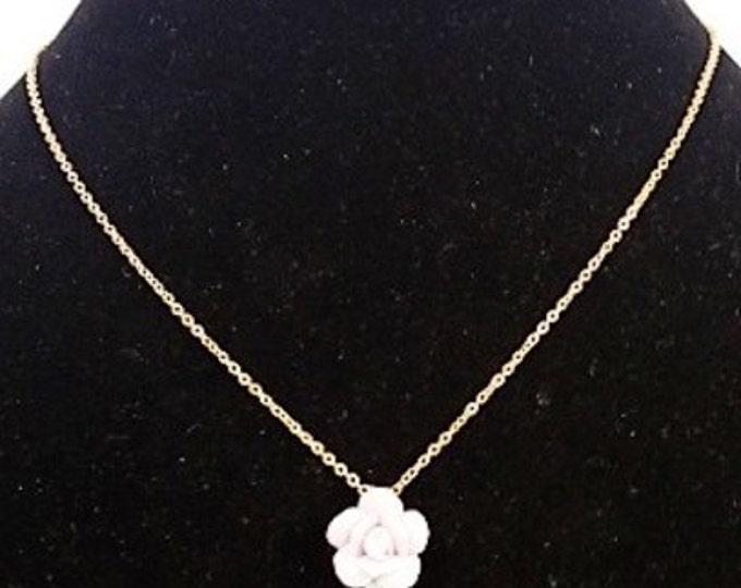 Storewide 25% Off SALE Vintage Gold Tone Chain Necklace With Petite Lavender Rose Pendant Featuring Elegant Ceramic Floral Design Style