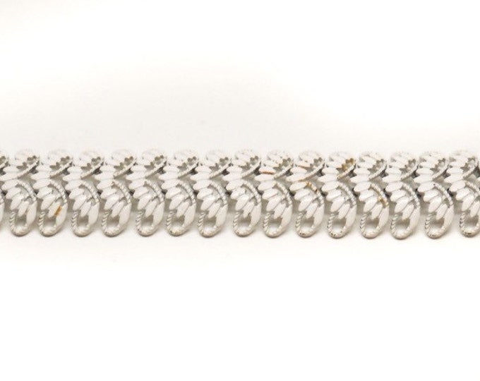 Storewide 25% Off SALE Vintage Wingback White Enamel Monet Designer Signed Metal Linked Bracelet Featuring Extra Wide Design & Gold Tone Saf